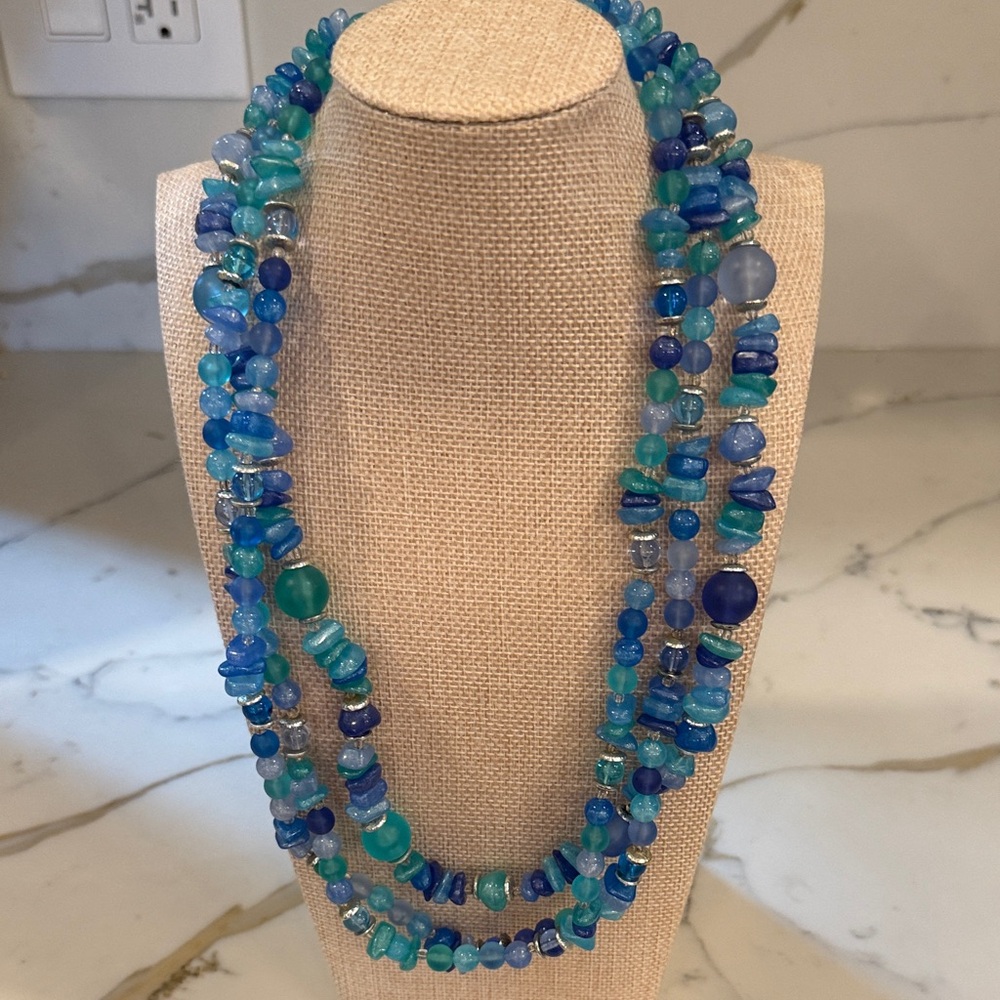 Vintage Elegant Triple Strand Blue and Green Beaded Necklace